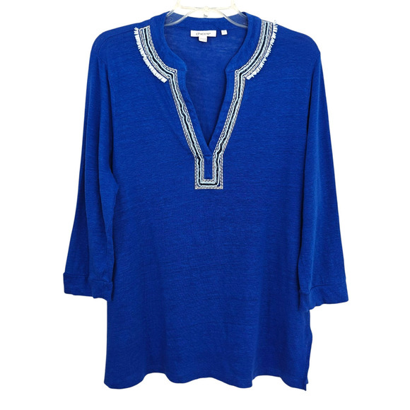 Chico's Stretch Linen Embellished Tunic Top Size Large /2 Blue Knit 3/4 Sleeve - Picture 2 of 10